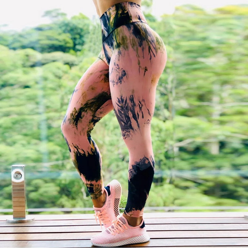 Fitness, hochelaststische Sport-Leggings, abstraktes farbiges Tintenmuster, hohe Taille, Yoga Leggings