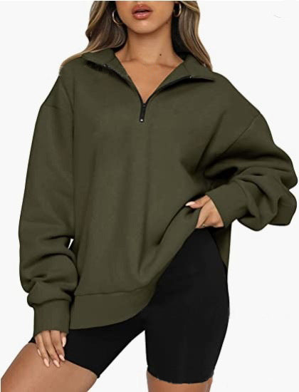Damen-Sweatshirts mit Reißverschluss, Turndown-Kragen, lockeres, lässiges Oberteil